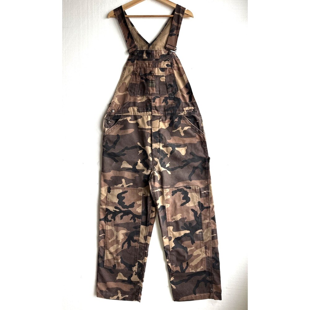VTG Liberty Men’s Brown Camo Overalls Hunting Pants Double Knee Denim 38x30